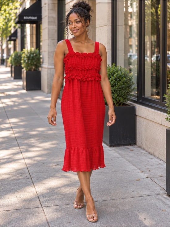 Gianni Bini Dresses & Skirts - Gianni Bini Red Ruffle Snyder Fit & Flare Midi Ruffle Chiffon Dress NWOT Size S